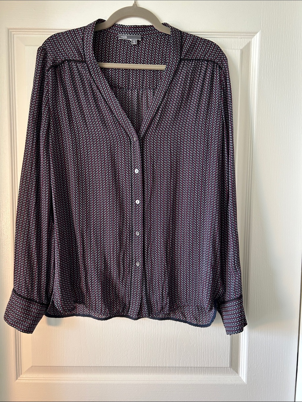 Vince Navy and Purple Micro-Print Button-Down Blouse